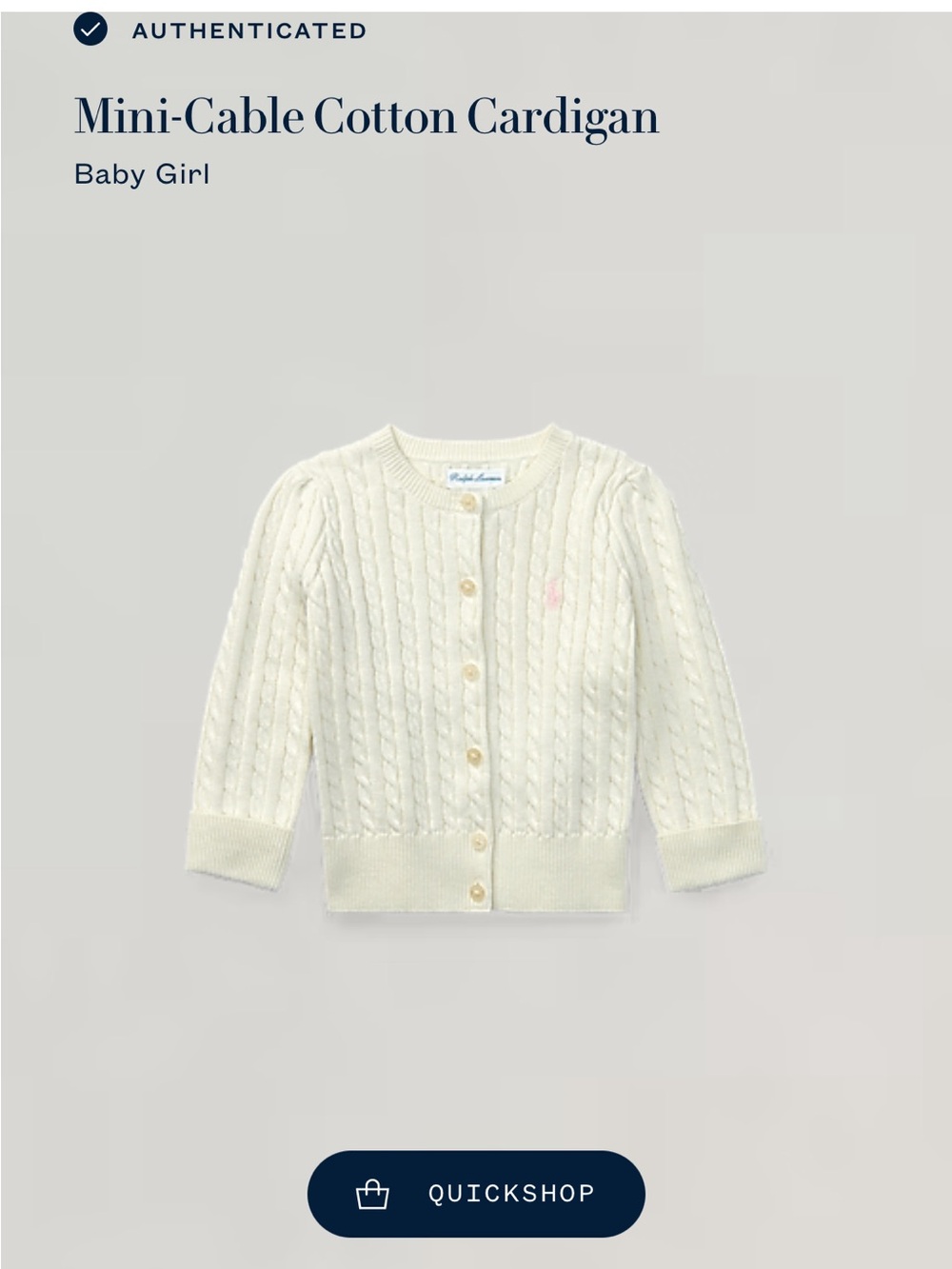 Ralph Lauren Cream Cable-Knit Baby Girl Cardigan with Pink Pony